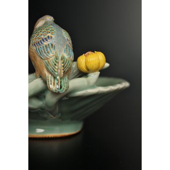 三代 真葛香山/宮川香山 青磁釉河骨二翡翠 菓子器　K402 