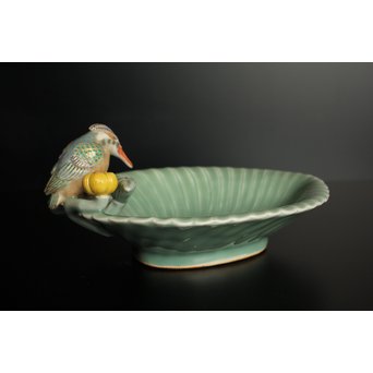 三代 真葛香山/宮川香山 青磁釉河骨二翡翠 菓子器　K402 