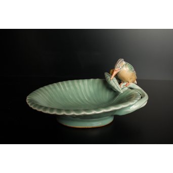 三代 真葛香山/宮川香山 青磁釉河骨二翡翠 菓子器　K402 