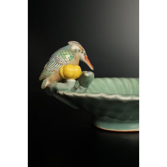 三代 真葛香山/宮川香山 青磁釉河骨二翡翠 菓子器　K402 