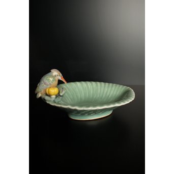 三代 真葛香山/宮川香山 青磁釉河骨二翡翠 菓子器　K402 