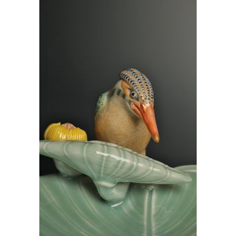 三代 真葛香山/宮川香山 青磁釉河骨二翡翠 菓子器　K402 