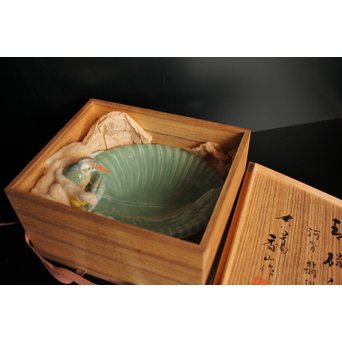 三代 真葛香山/宮川香山 青磁釉河骨二翡翠 菓子器　K402 