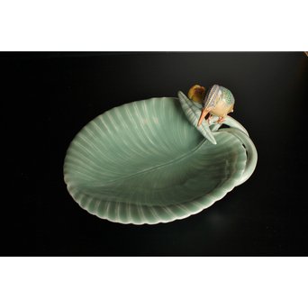 三代 真葛香山/宮川香山 青磁釉河骨二翡翠 菓子器　K402 