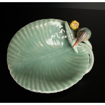 三代 真葛香山/宮川香山 青磁釉河骨二翡翠 菓子器　K402 