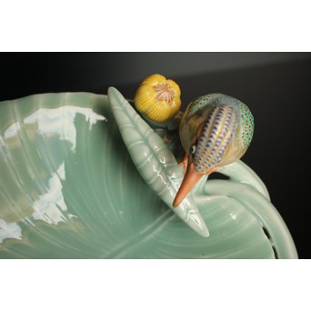 三代 真葛香山/宮川香山 青磁釉河骨二翡翠 菓子器　K402 