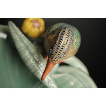 三代 真葛香山/宮川香山 青磁釉河骨二翡翠 菓子器　K402 