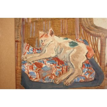 小山周次 水彩[眠る猫]　S2898　 