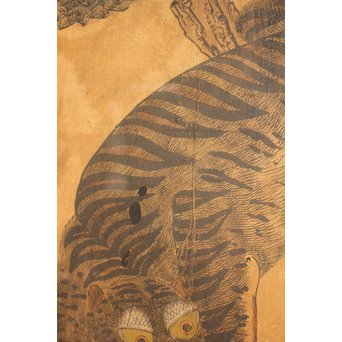 李朝朝鮮民画 在銘虎図 額装　K482 