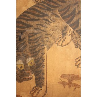 李朝朝鮮民画 在銘虎図 額装　K482 