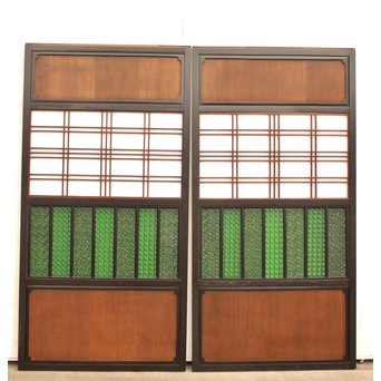 稀少緑色オニダイアガラスの障子戸 2枚1組  GD1042Y