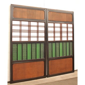 稀少緑色オニダイアガラスの障子戸 2枚1組  GD1042Y 