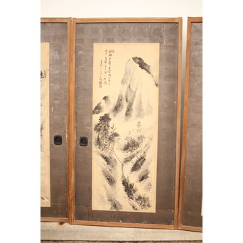 襖絵と毛利桑陰 山水画 両面襖戸 4枚1組　F202 