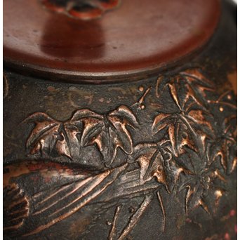 市橋鷺山 梅鶯 斑柴銅鋳造水注/湯沸　K586 