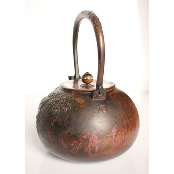 市橋鷺山 梅鶯 斑柴銅鋳造水注/湯沸　K586 