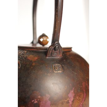 市橋鷺山 梅鶯 斑柴銅鋳造水注/湯沸　K586 