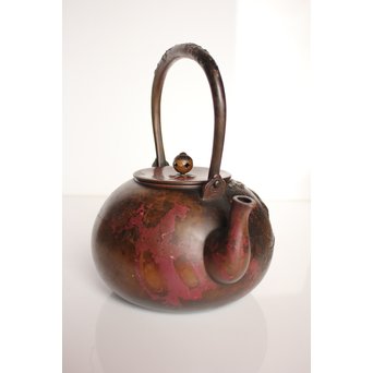 市橋鷺山 梅鶯 斑柴銅鋳造水注/湯沸　K586 