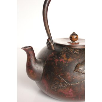 市橋鷺山 梅鶯 斑柴銅鋳造水注/湯沸　K586 