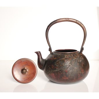 市橋鷺山 梅鶯 斑柴銅鋳造水注/湯沸　K586 