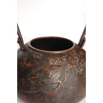 市橋鷺山 梅鶯 斑柴銅鋳造水注/湯沸　K586 