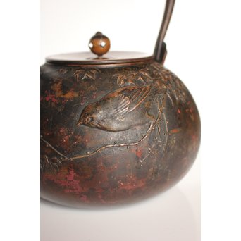 市橋鷺山 梅鶯 斑柴銅鋳造水注/湯沸　K586 