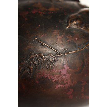 市橋鷺山 梅鶯 斑柴銅鋳造水注/湯沸　K586 