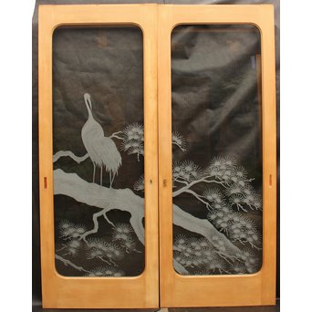 鶴松 エッチングガラス戸 4枚1組　GD1091 