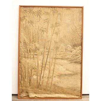 明治刺繍画 竹林水禽図　U001