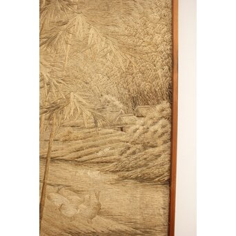 明治刺繍画 竹林水禽図　U001 