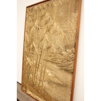 明治刺繍画 竹林水禽図　U001 