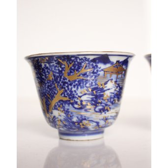 乾山欽製 山水楼閣図 染付金彩煎茶碗 5客　P008 