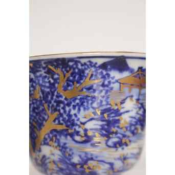 乾山欽製 山水楼閣図 染付金彩煎茶碗 5客　P008 