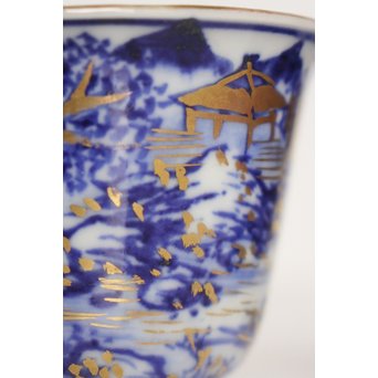 乾山欽製 山水楼閣図 染付金彩煎茶碗 5客　P008 