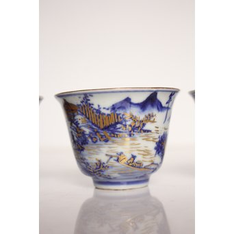 乾山欽製 山水楼閣図 染付金彩煎茶碗 5客　P008 