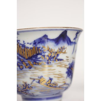 乾山欽製 山水楼閣図 染付金彩煎茶碗 5客　P008 