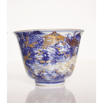 乾山欽製 山水楼閣図 染付金彩煎茶碗 5客　P008 