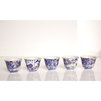 乾山欽製 山水楼閣図 染付金彩煎茶碗 5客　P008