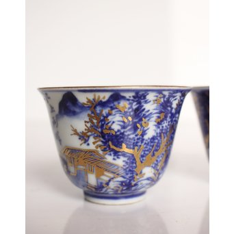 乾山欽製 山水楼閣図 染付金彩煎茶碗 5客　P008 