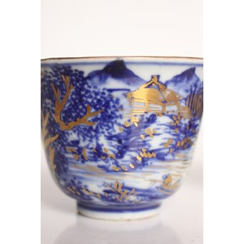 乾山欽製 山水楼閣図 染付金彩煎茶碗 5客　P008 