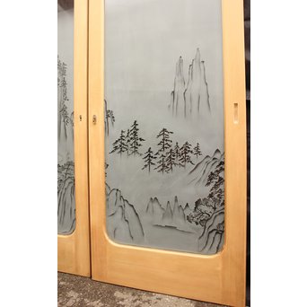 山水図 エッチングガラス戸 4枚1組　GD1101 