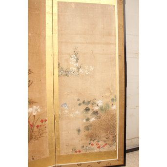 倣 俵屋宗達[伊年印] 草花図 時代屏風一双　Z010 