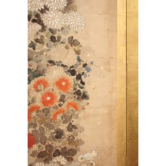 倣 俵屋宗達[伊年印] 草花図 時代屏風一双　Z010 