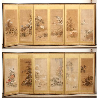 倣 俵屋宗達[伊年印] 草花図 時代屏風一双　Z010