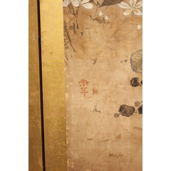 倣 俵屋宗達[伊年印] 草花図 時代屏風一双　Z010 