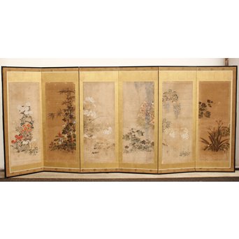 倣 俵屋宗達[伊年印] 草花図 時代屏風一双　Z010 