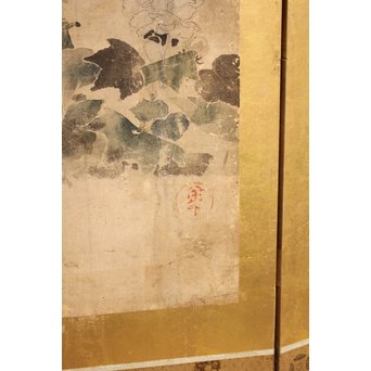 倣 俵屋宗達[伊年印] 草花図 時代屏風一双　Z010 