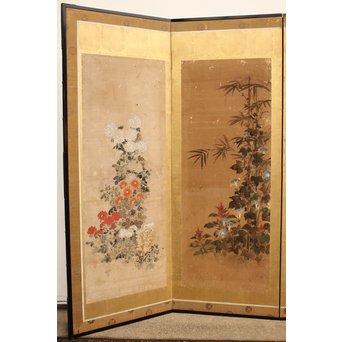 倣 俵屋宗達[伊年印] 草花図 時代屏風一双　Z010 