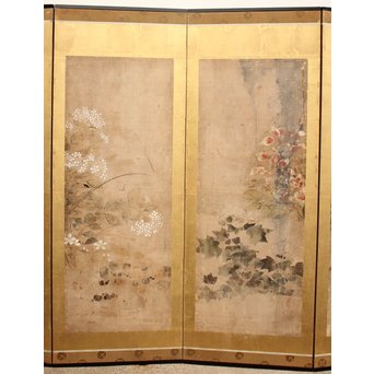 倣 俵屋宗達[伊年印] 草花図 時代屏風一双　Z010 