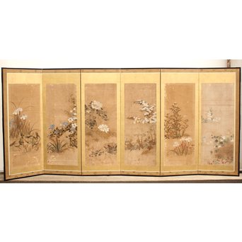 倣 俵屋宗達[伊年印] 草花図 時代屏風一双　Z010 