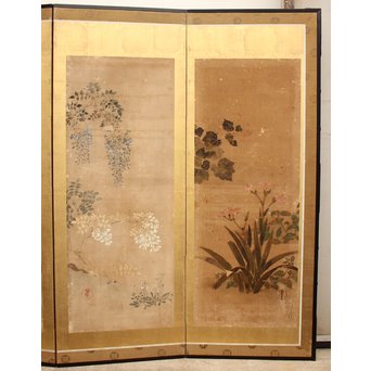 倣 俵屋宗達[伊年印] 草花図 時代屏風一双　Z010 